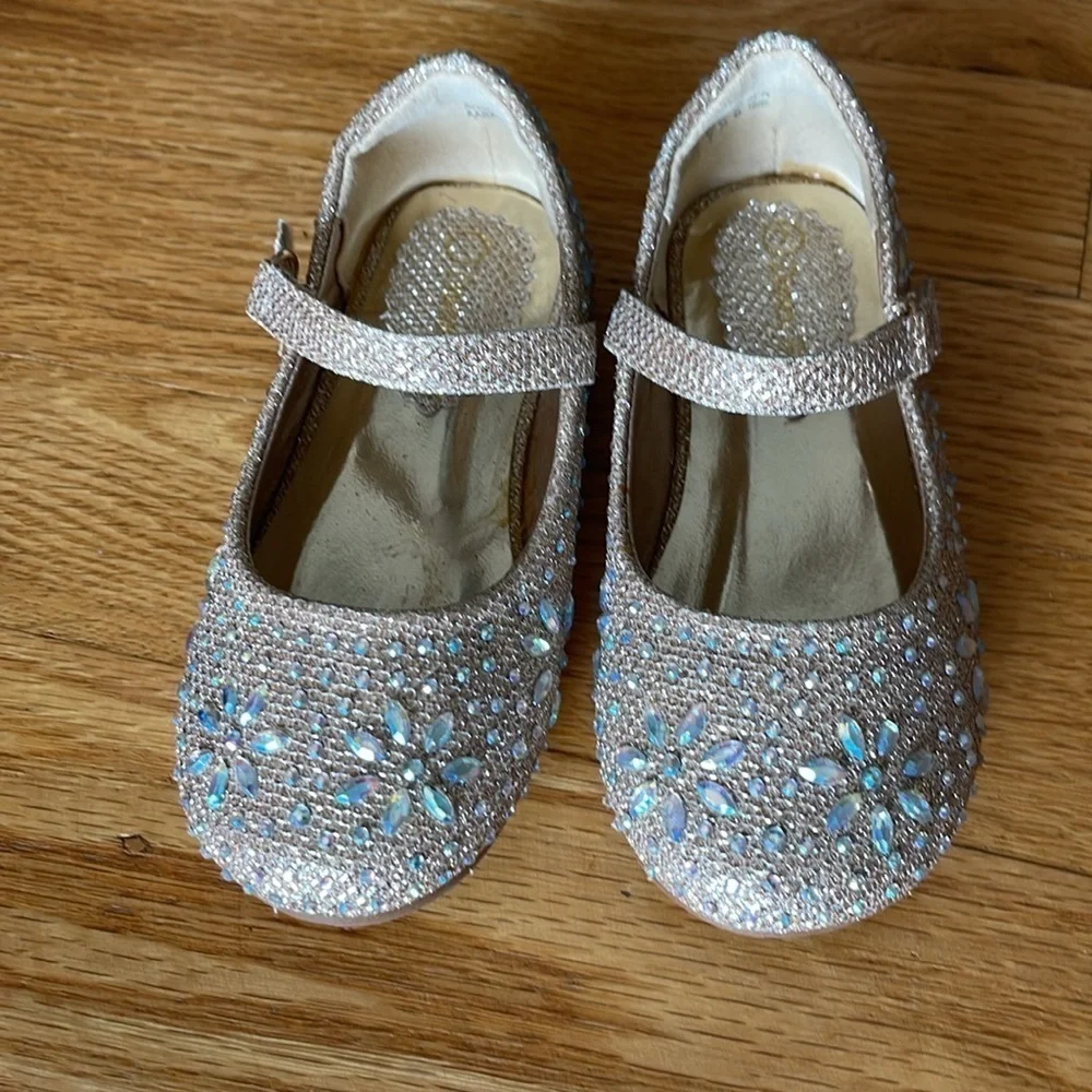 Toddler Girl Mary Jane Gold  rhinestone ballet flats Sz 7 Holiday New Years